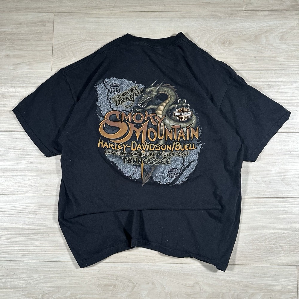 VTG 2007 Harley Davidson T Shirt Mens L Smoky Mountain Dragon Gatlinburg Black